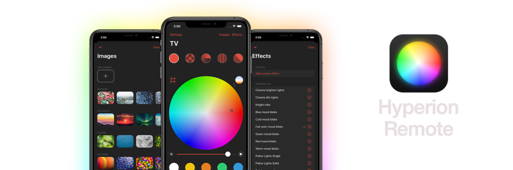 Hyperion Remote with three screenshots showing color wheel, favorites, images and effects